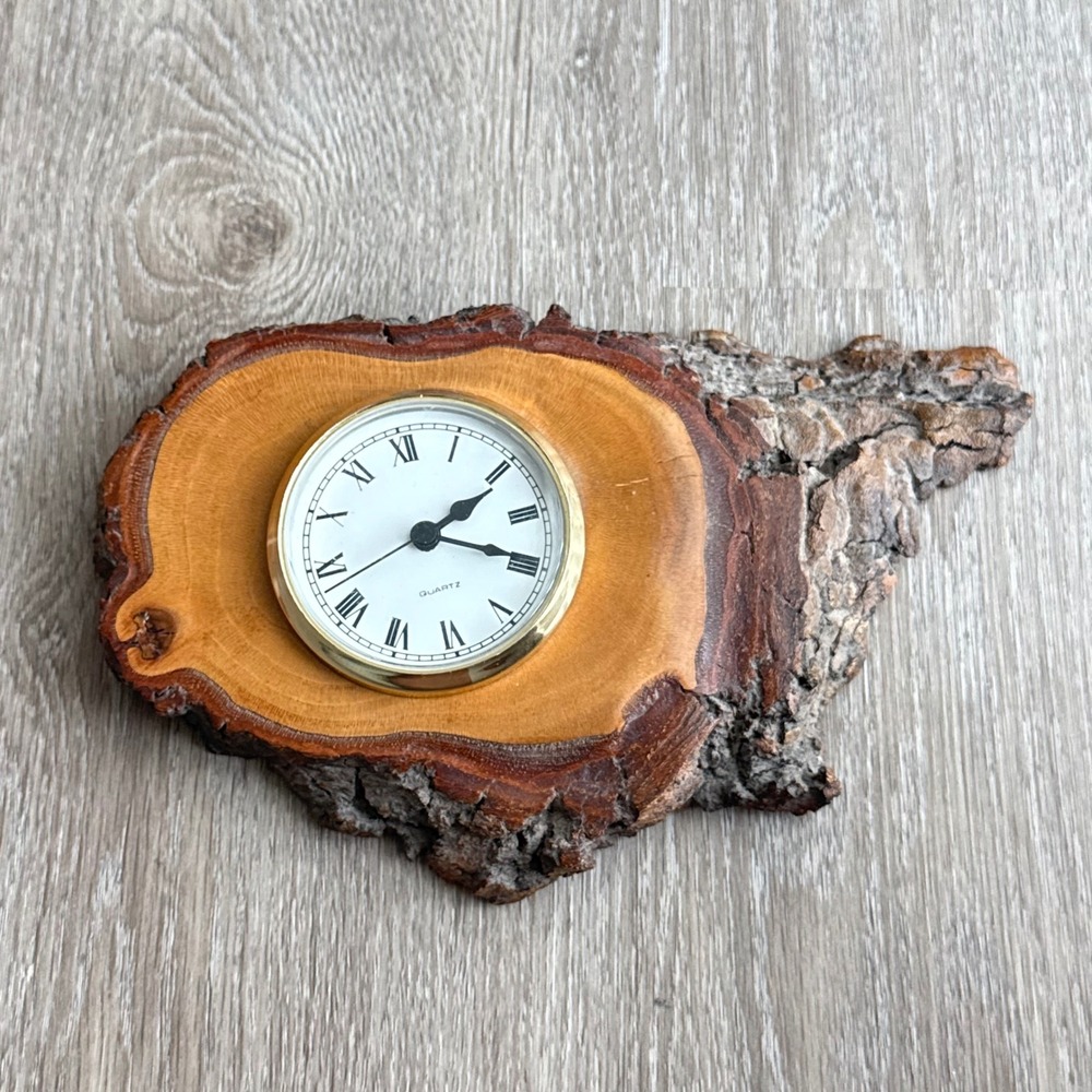Vintage Live Edge Wood Slab Desk Clock Rustic Bark Quartz Roman Numerals USA